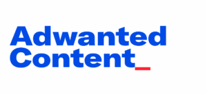 Adwanted Content logo in medium blue on two lines with red cursor at end of text
