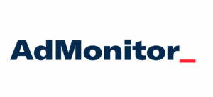 Logo for AdMonitor from Adwanted Group. "AdMonitor" is in navy text with a red line "cursor" after the text.