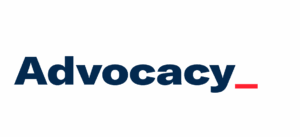 Logo for Advocacy from Adwanted Group. "Advocacy" is in navy text with a red line "cursor" after the text.