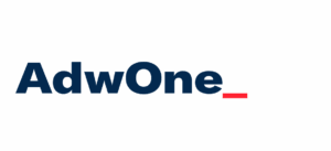Logo for AdwOne from Adwanted Group. "AdwOne" is in navy text with a red line "cursor" after the text.