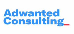 Adwanted Consulting logo in light blue on two lines with red cursor at end of text