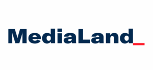Logo for MediaLand from Adwanted Group. "MediaLand" is in navy text with a red line "cursor" after the text.