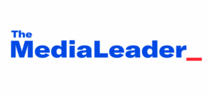 Logo for The Media Leader by Adwanted Group. "The" is in smaller text, situated above the "M" in "MediaLeader", both are in a medium blue. A red line "cursor" follows the text.